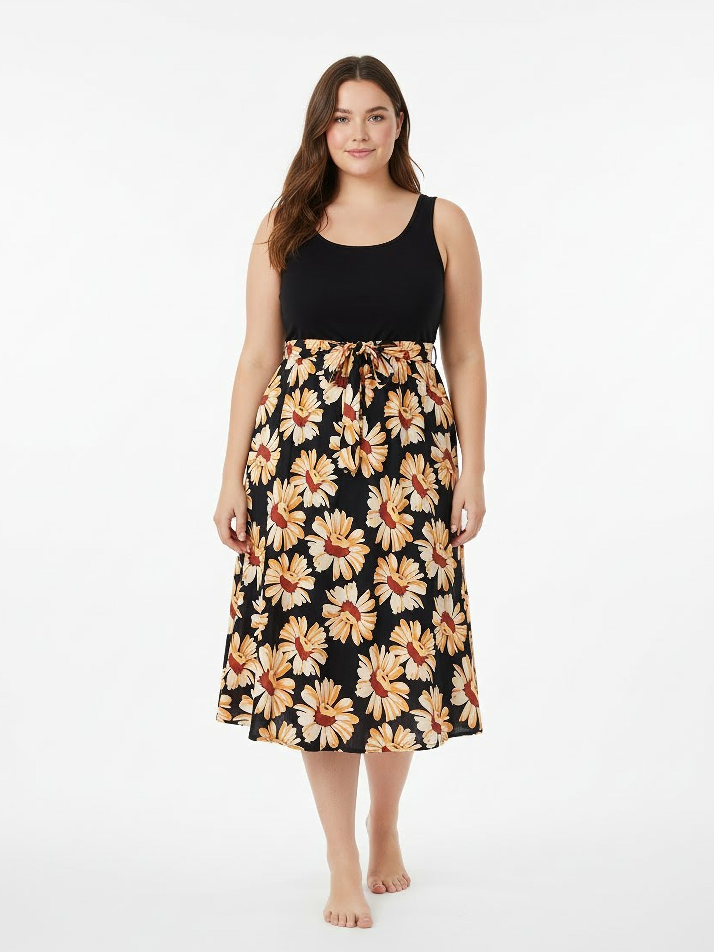 Casual Plus Size Dresses for Women Black Floral Sleeveless Strappy Dress