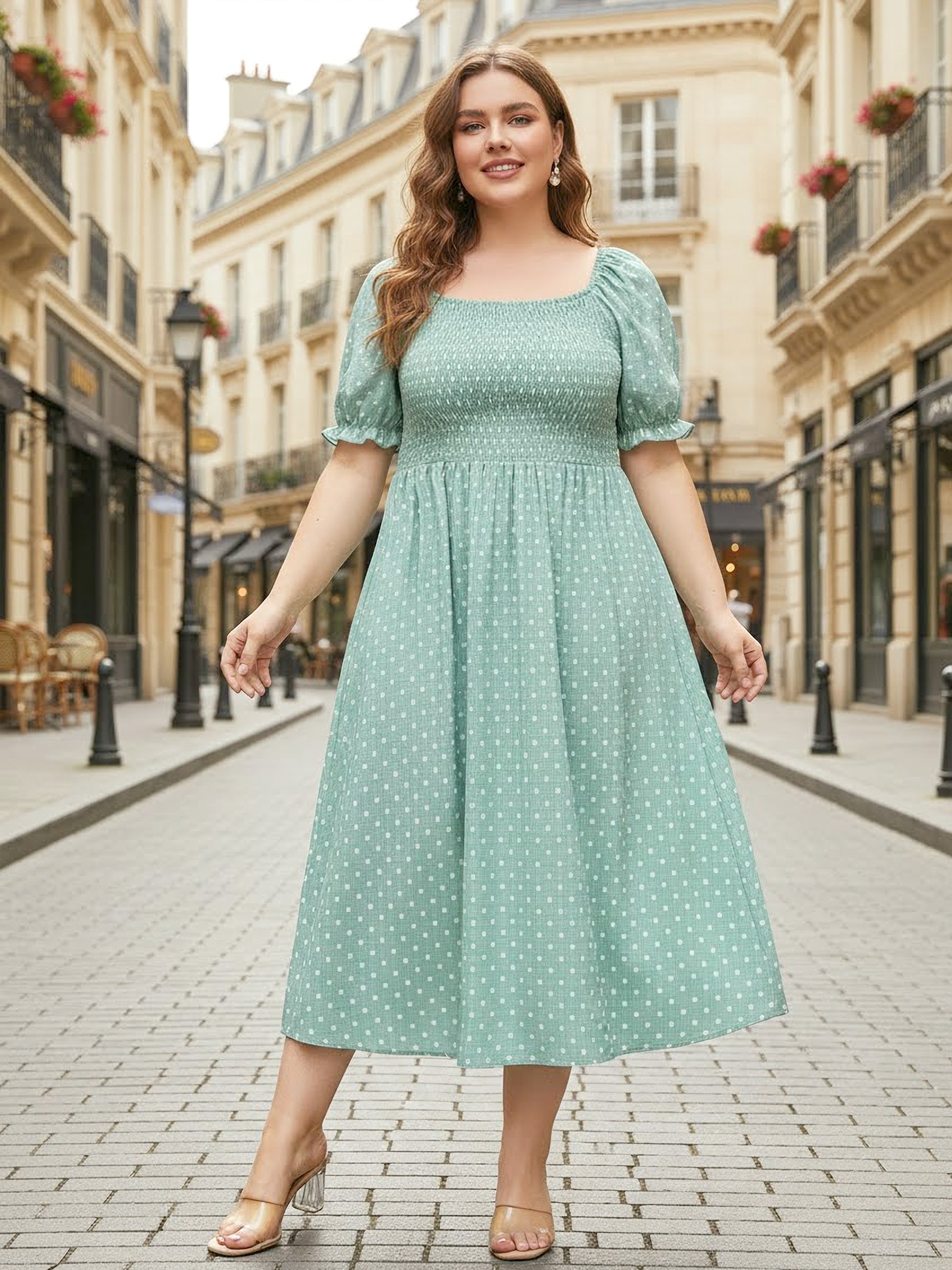 Casual Plus Size Dresses for Women Light Green Polka Dot Puff Sleeve Dress