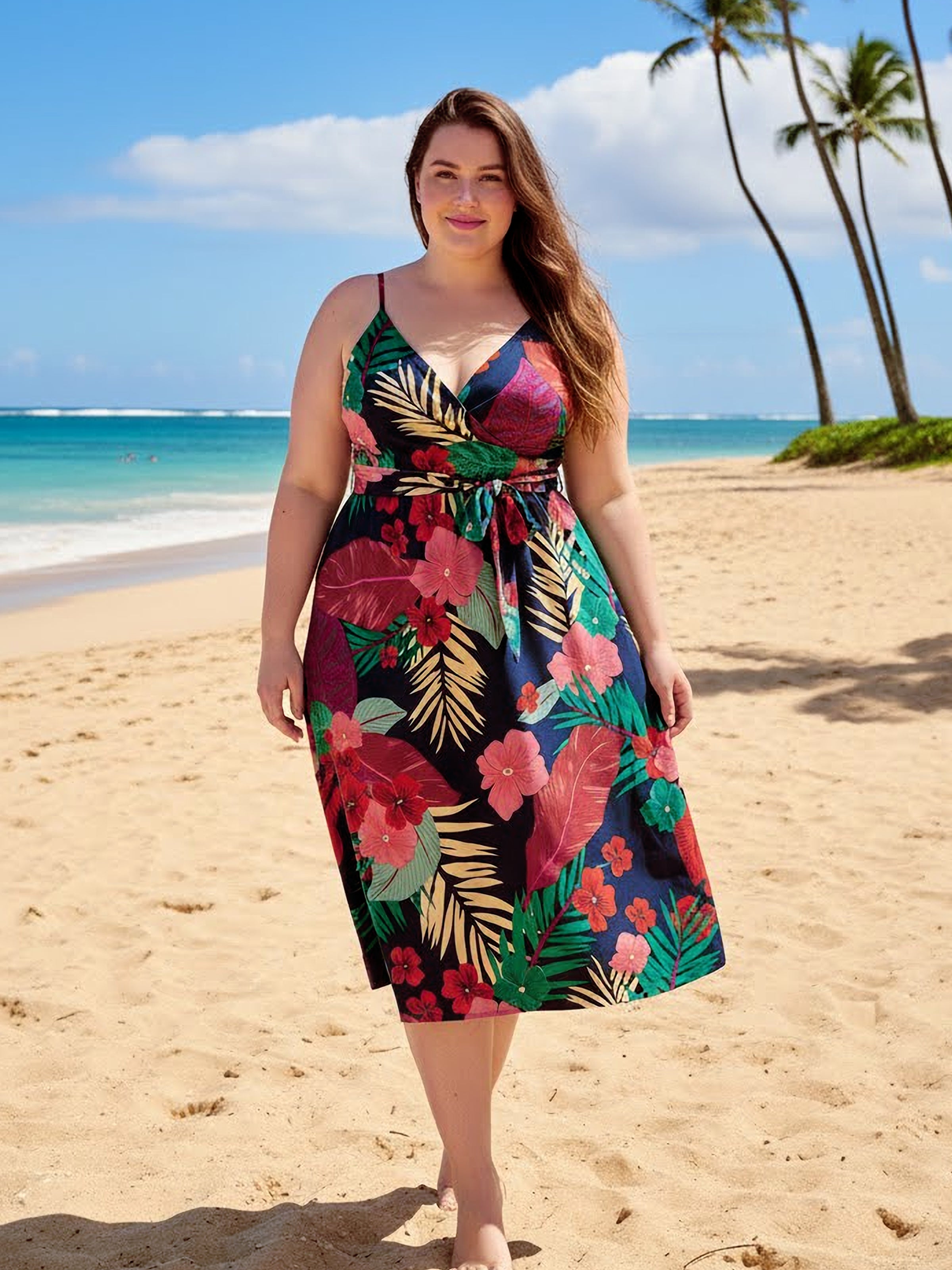 Casual Plus Size Dresses for Women Deep Blue Floral Panel V-Neck Strap Dress