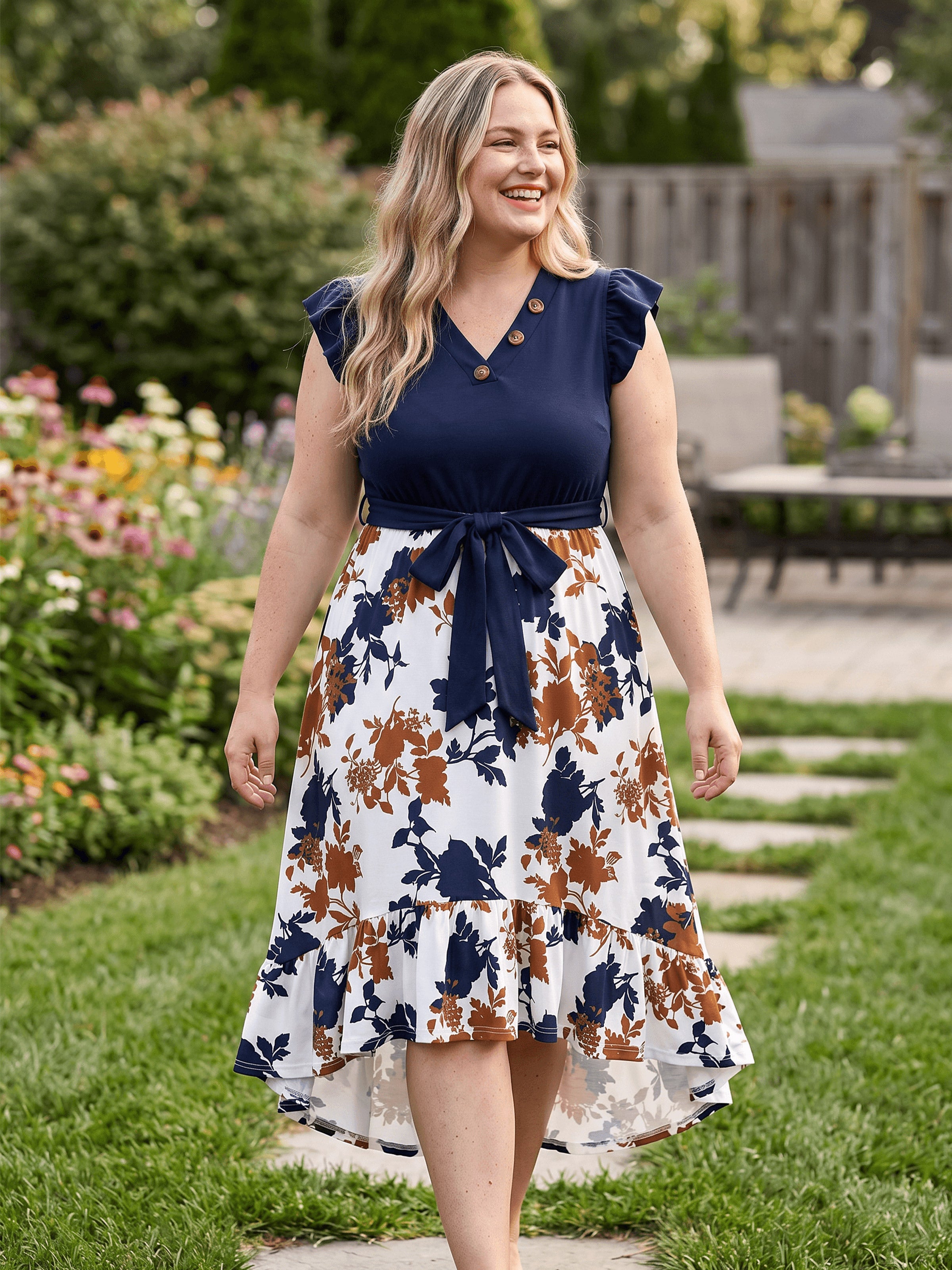 Casual Plus Size Dresses for Women Royal Blue Color-Block Casual Midi Dress