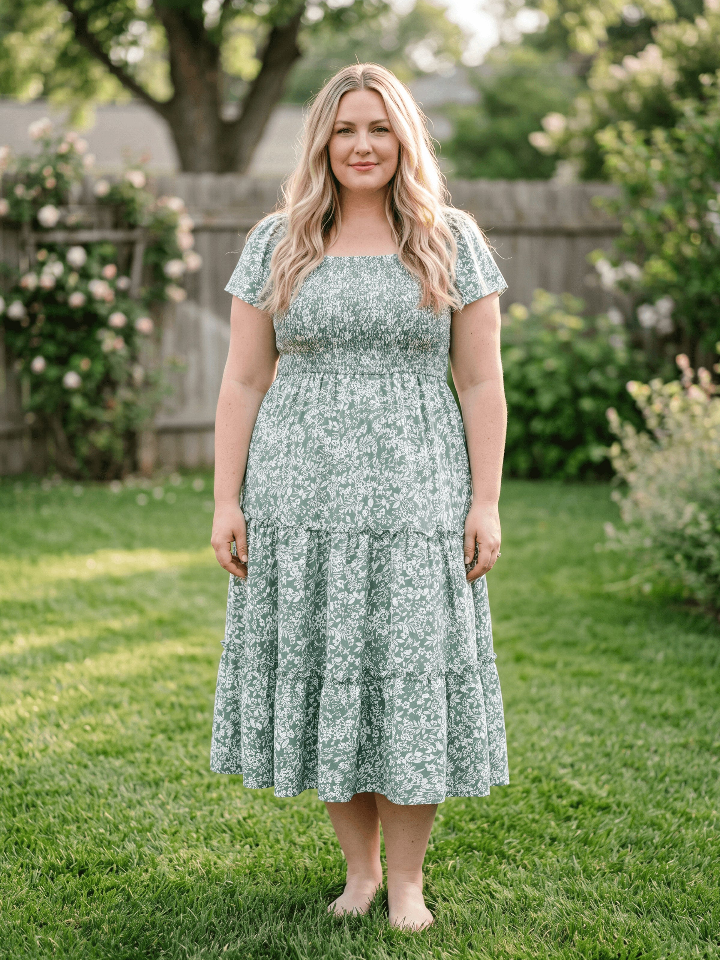 Casual Plus Size Dresses for Women Deep Emerald Smocking Broken Floral Dress
