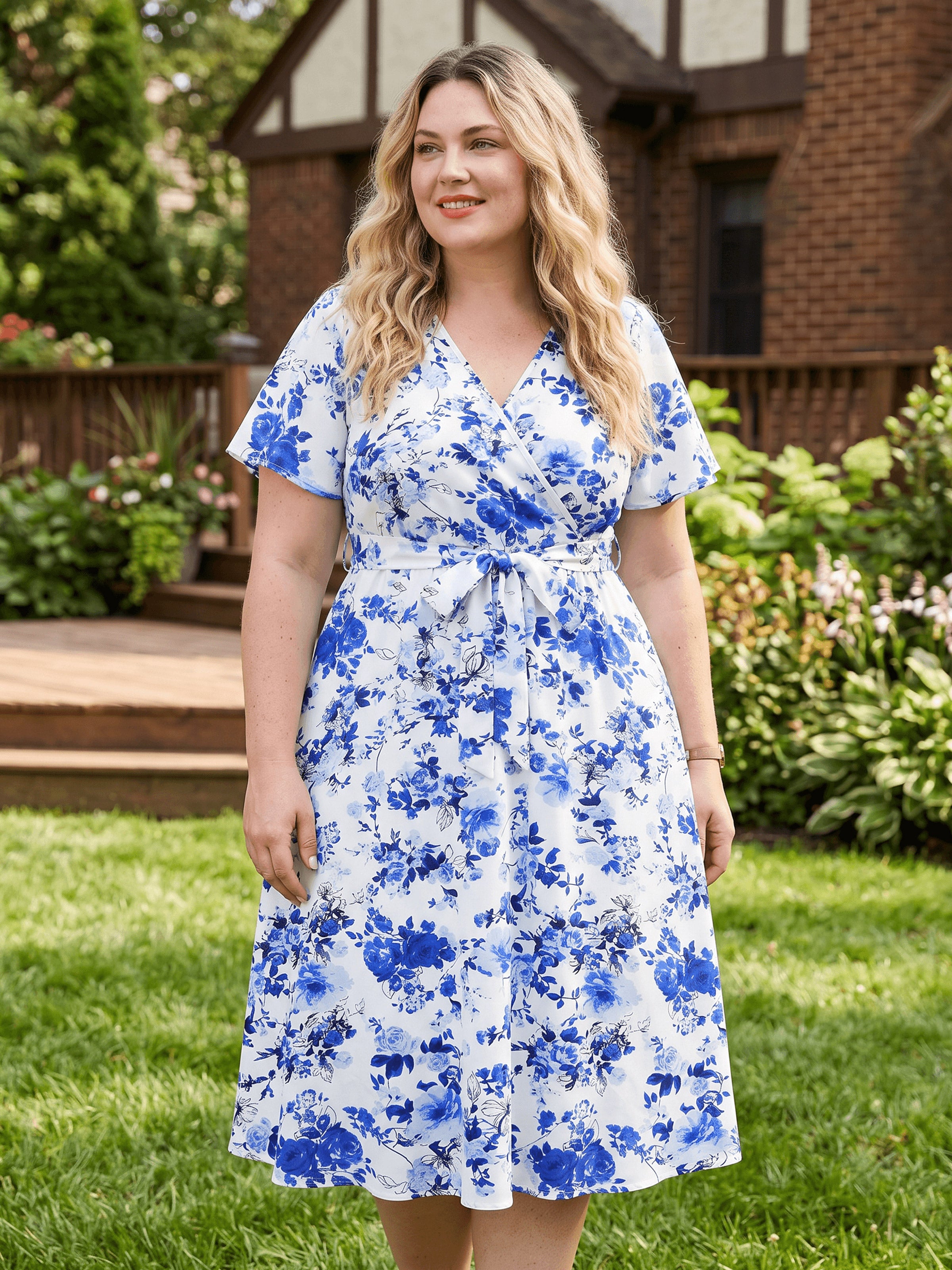 Casual Plus Size Dresses for Women Blue Elegant Floral Family-Look Suit Dress