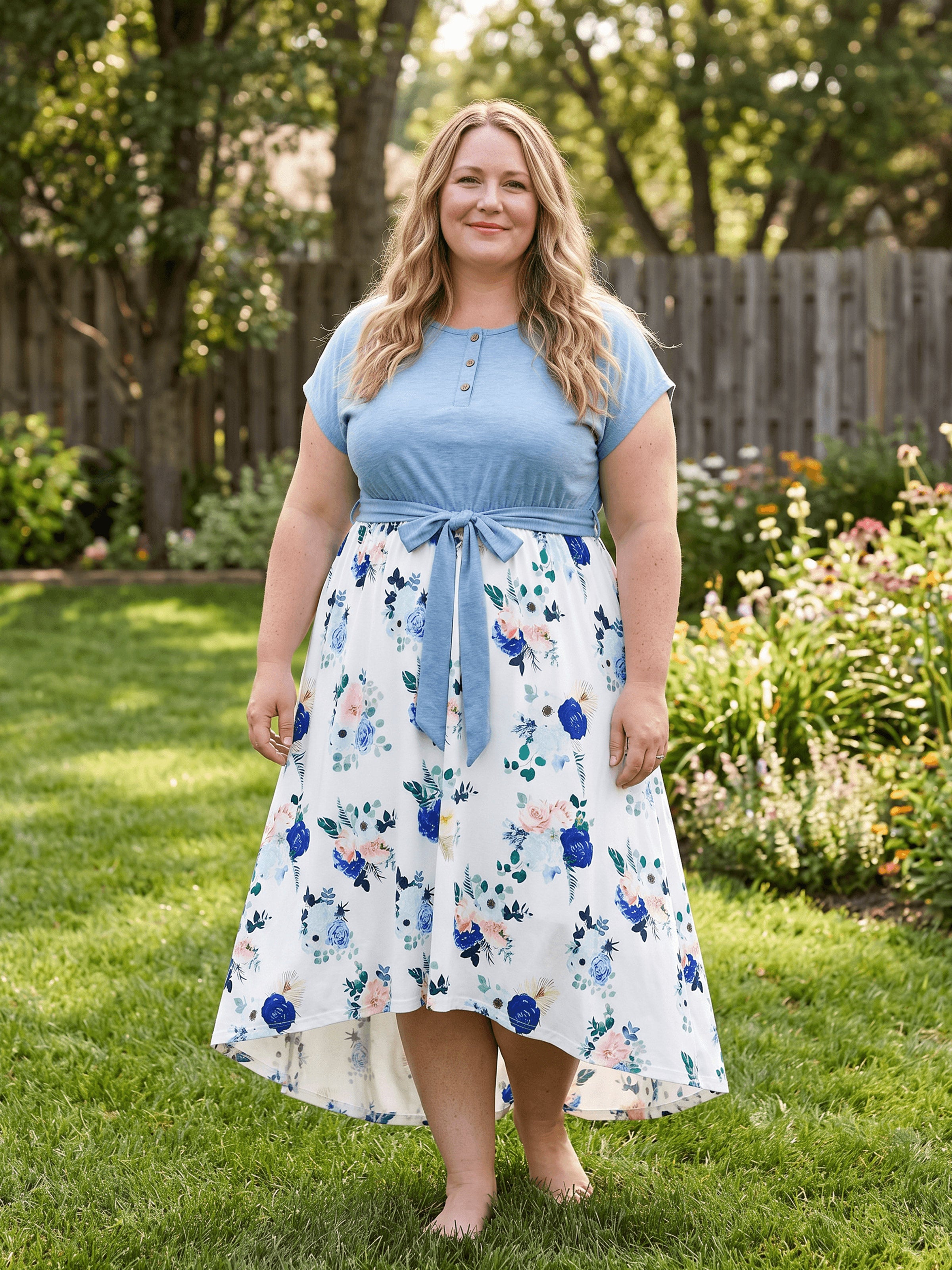 Casual Plus Size Dresses for Women Light Sky Blue Floral A-Line Belted Dress