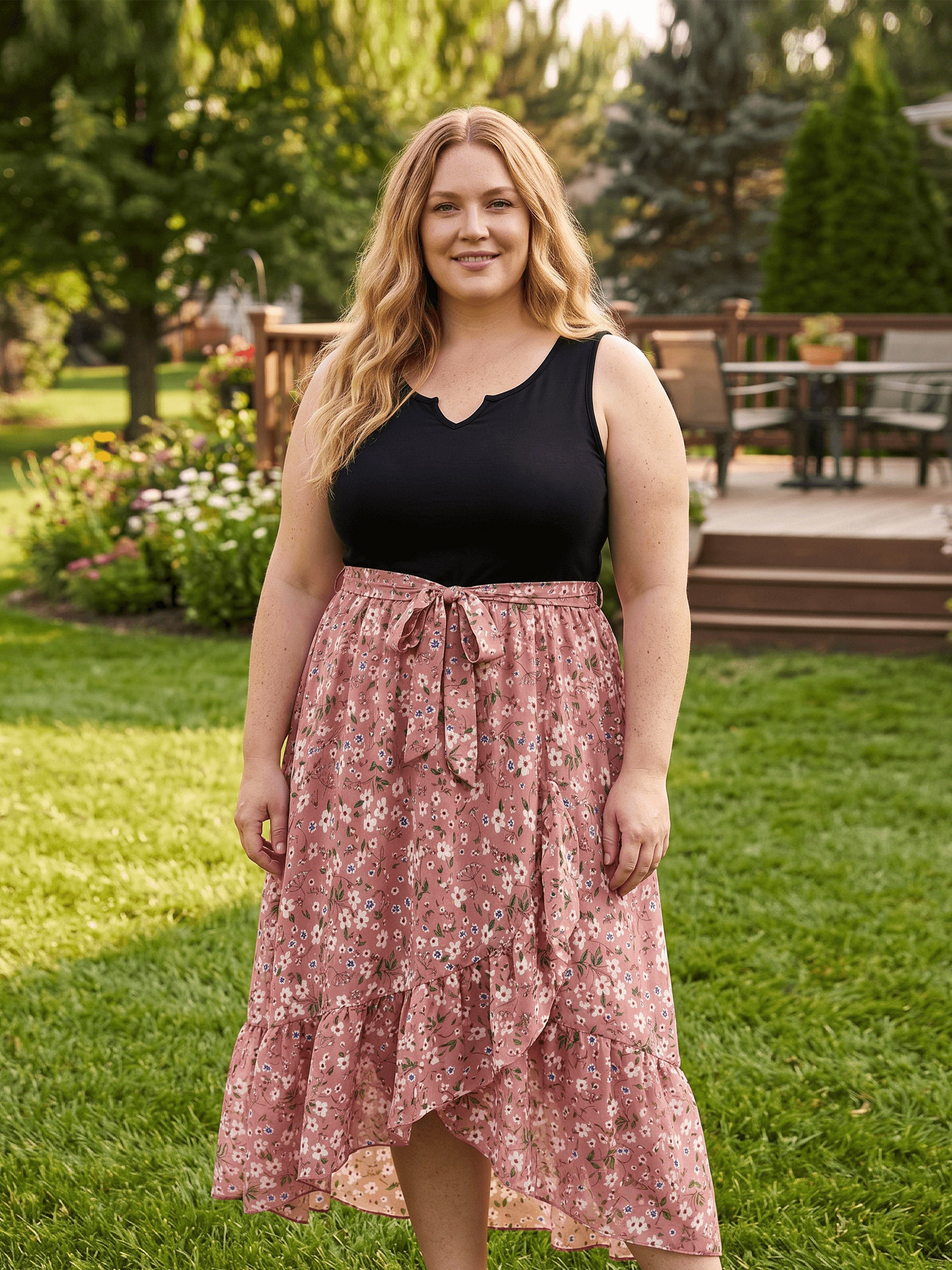 Casual Plus Size Dresses for Women Black Floral Splicing Cotton Dress