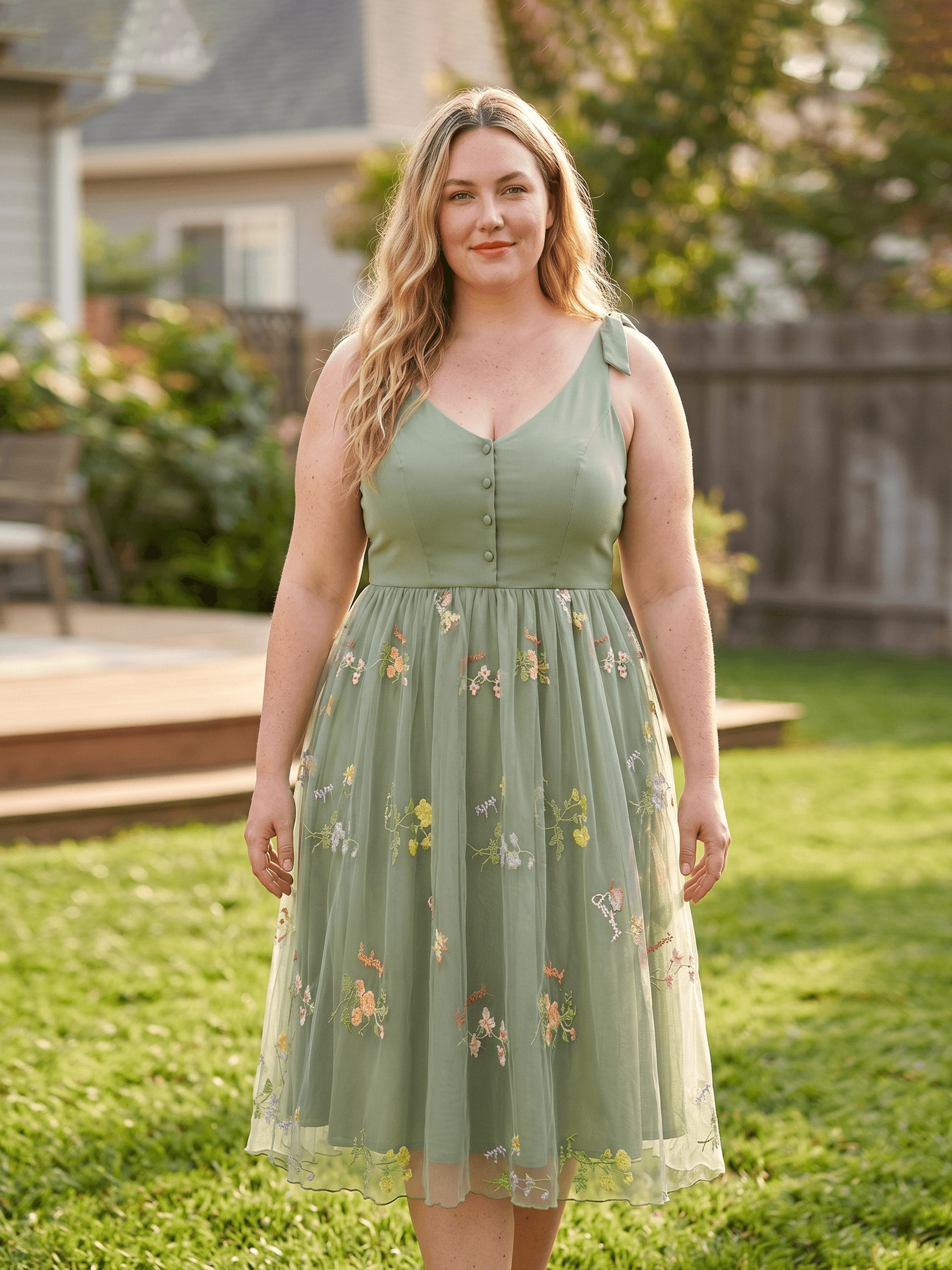 Casual Plus Size Dresses for Women Green V-Neck Strappy Mesh Casual Dress